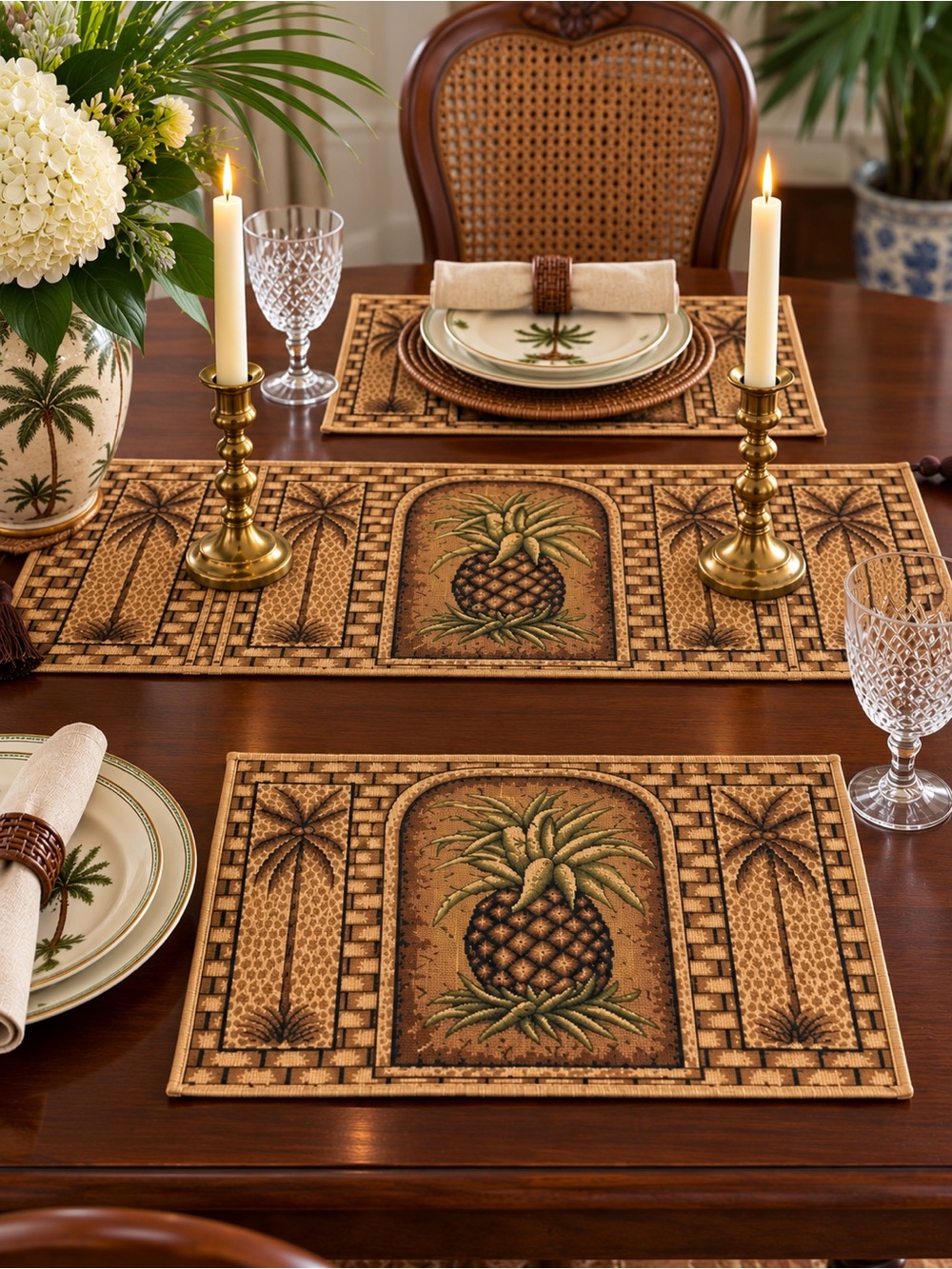 Vintage Pineapple Tapestry Placemats & Runner British Colonial 3 Piece Set